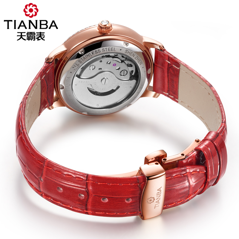 天霸(TIANBA)全自动机械表表专柜同款休闲时尚真皮皮带女士手表 镂空商务休闲潮流机械手表女表TL6032高清大图