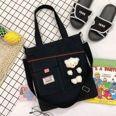带盖口袋款 黑+腮红小熊 包包女2022原宿风斜挎帆布包女学生韩版单肩ins手提百搭简约布袋