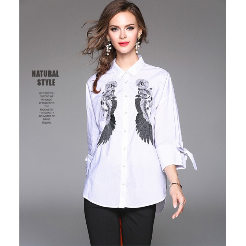 2017秋装新款 韩版女宽松职业打底衬衣刺绣休闲棉麻长袖衬衫女