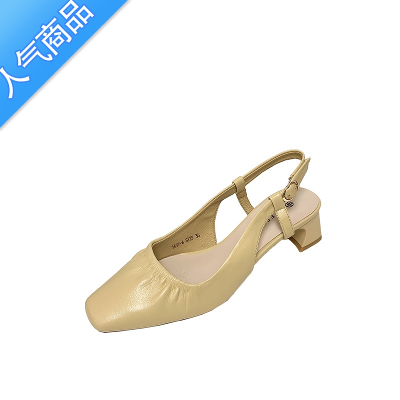 SUNTEK包头凉鞋女粗跟2023新款方头中跟镂空单鞋软皮一字带扣夏季高跟鞋高清大图