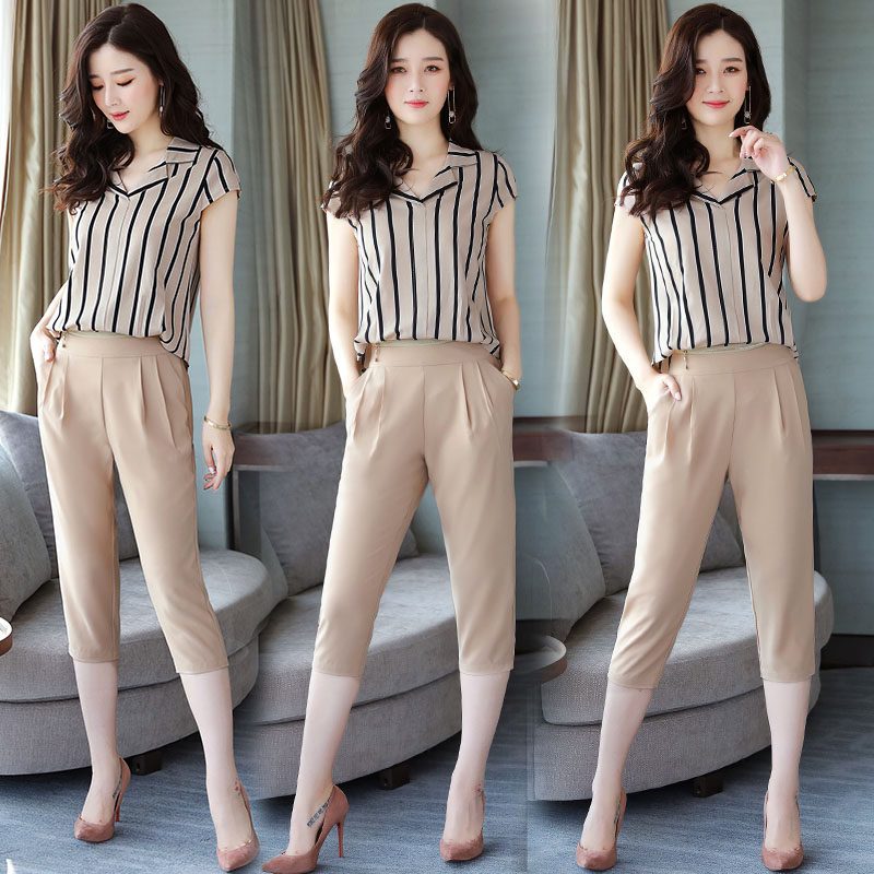 雪纺连体裤女女士夏装新品韩版时尚条纹连衣裤高腰显瘦七分裤套装