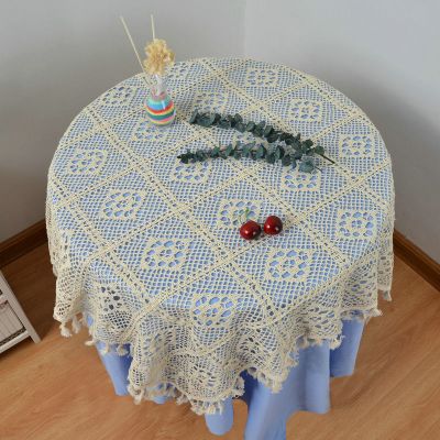手工钩花桌布布艺长方形餐桌小圆桌茶几桌布拍照 米色钩针桌布 50