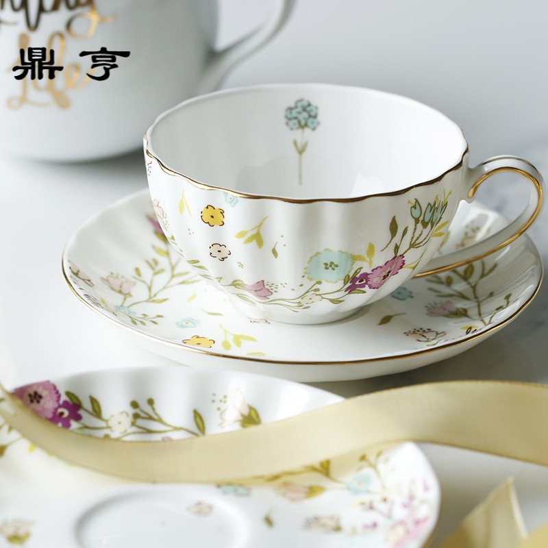 鼎亨 小蓝 高骨瓷咖啡杯碟田园风陶瓷英式红茶杯套装带碟少女心