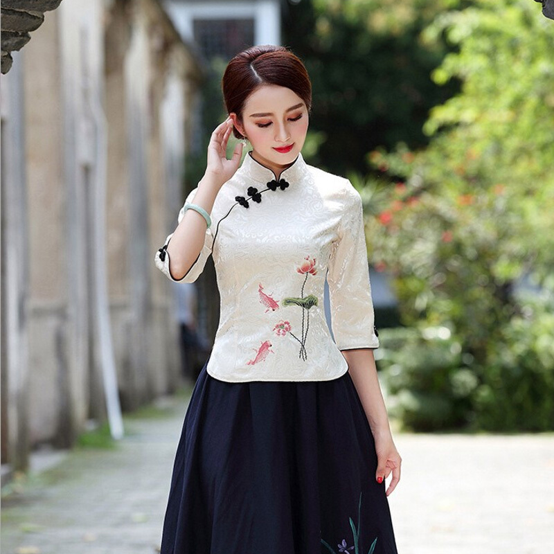 民国风女装唐装改良旗袍上衣中国风古装服装复古盘扣棉麻茶服套装浅蓝上衣+浅蓝手绘画大摆裙一套3005