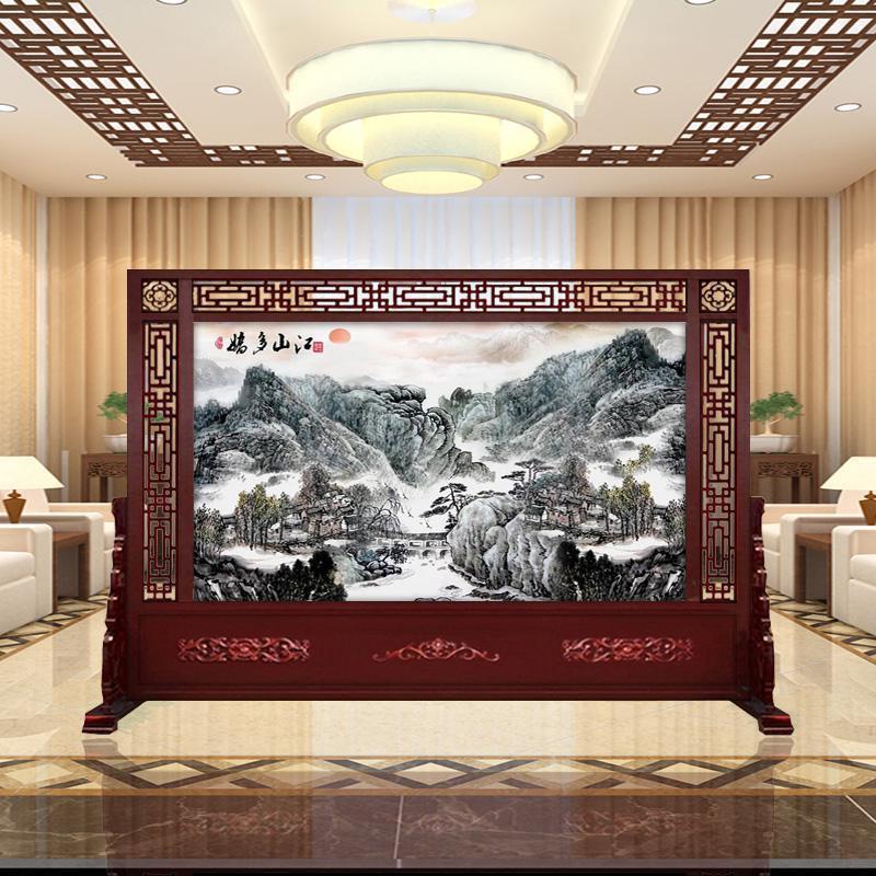 BONJEAN定做中式屏风隔断客厅办公室酒店单位入户玄关实木屏风双面座屏高清大图