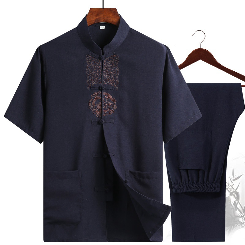 蓝色165s棉麻男士唐装套装中老年大码中式短袖衬衫汉服男居士服爸爸装