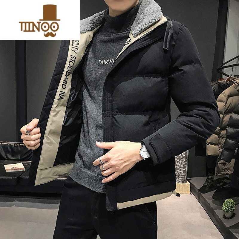 YANXU新款男士立领防风保暖棉衣加绒加厚外套毛领厚款时尚男棉服高清大图