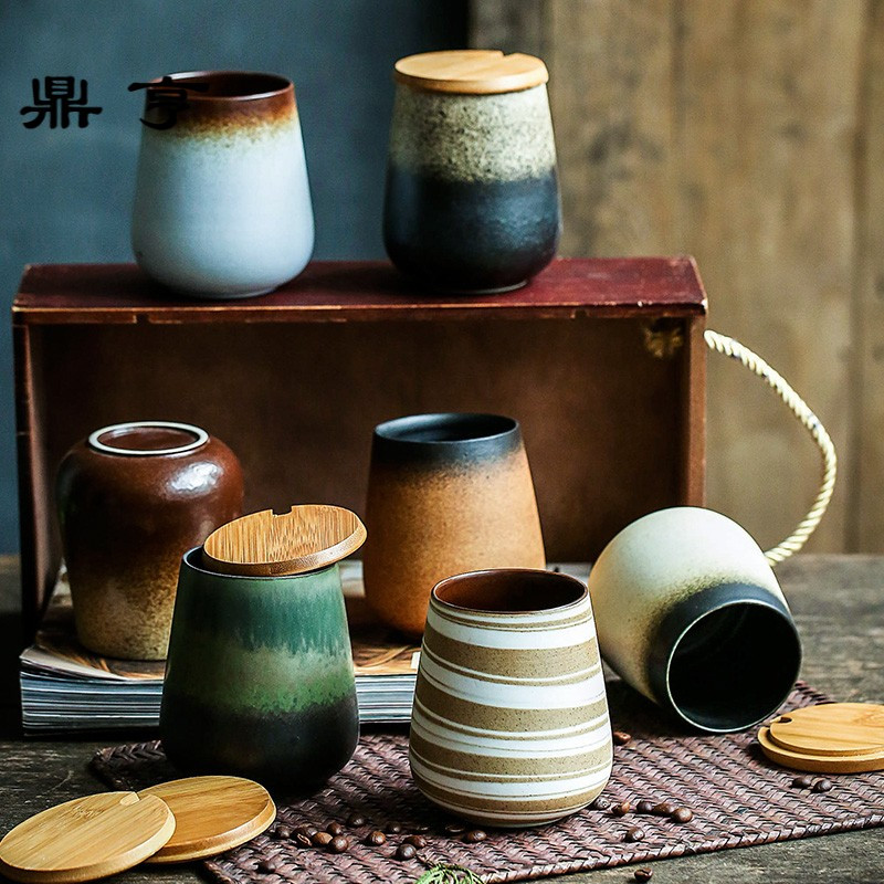 鼎亨茶杯陶瓷 办公室 日式复古 定制咖啡杯 带盖勺马克杯 创意水