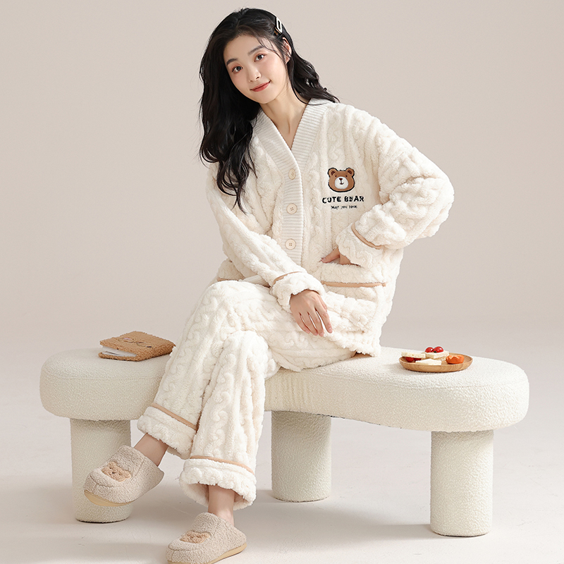 花花公子珊瑚绒睡衣女士冬保暖家居服套装加绒加厚2025新款高保女高清大图