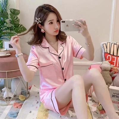 仿真丝性感高档冰丝睡衣开衫大码家居服两件套装开衫短袖粉色m75100斤