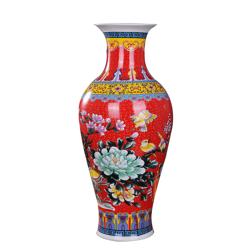 景德镇陶瓷花瓶简欧式落地大花瓶插花现代中式客厅装饰品电视柜摆件红色