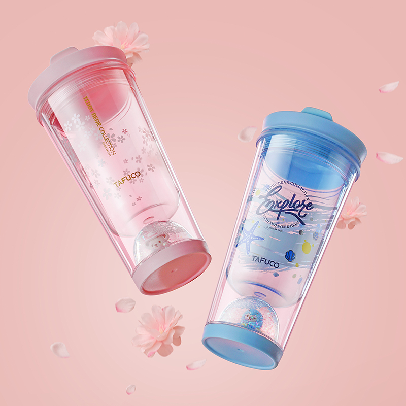 日本(TAFUCO)泰福高成人塑料杯泰迪樱花ins风可爱少女心杯子夏天运动健身网红水杯随手水杯大容量杯子