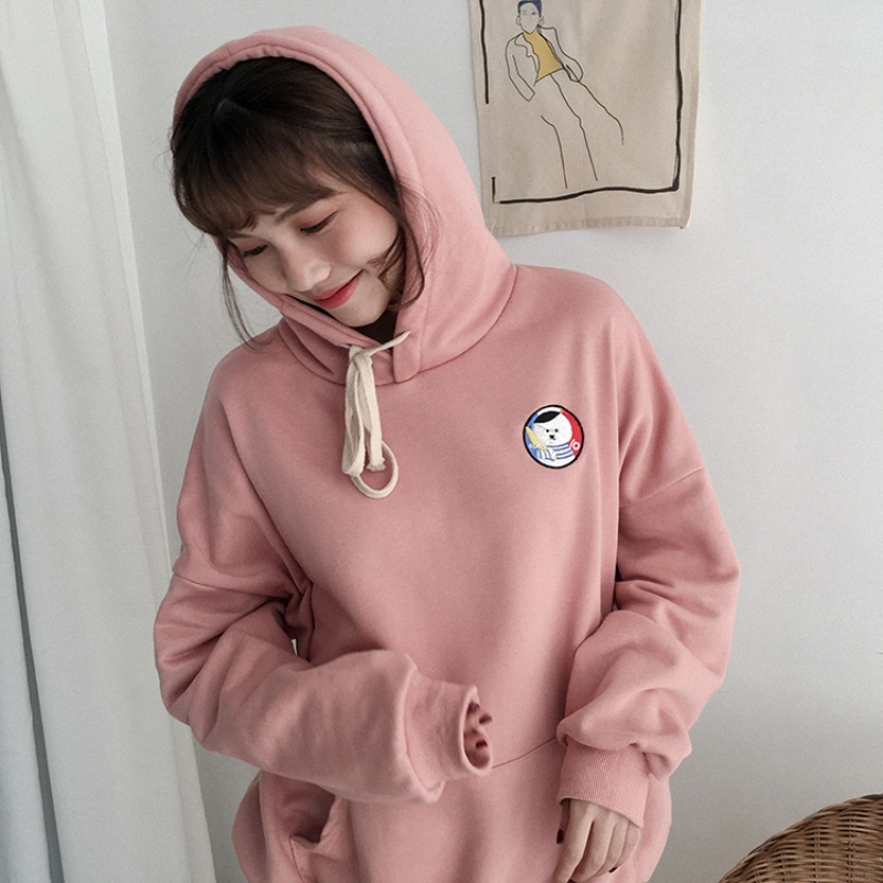卫衣2018新款女套头学院风刺绣卡通长袖bf百搭宽松连帽薄款夏秋季