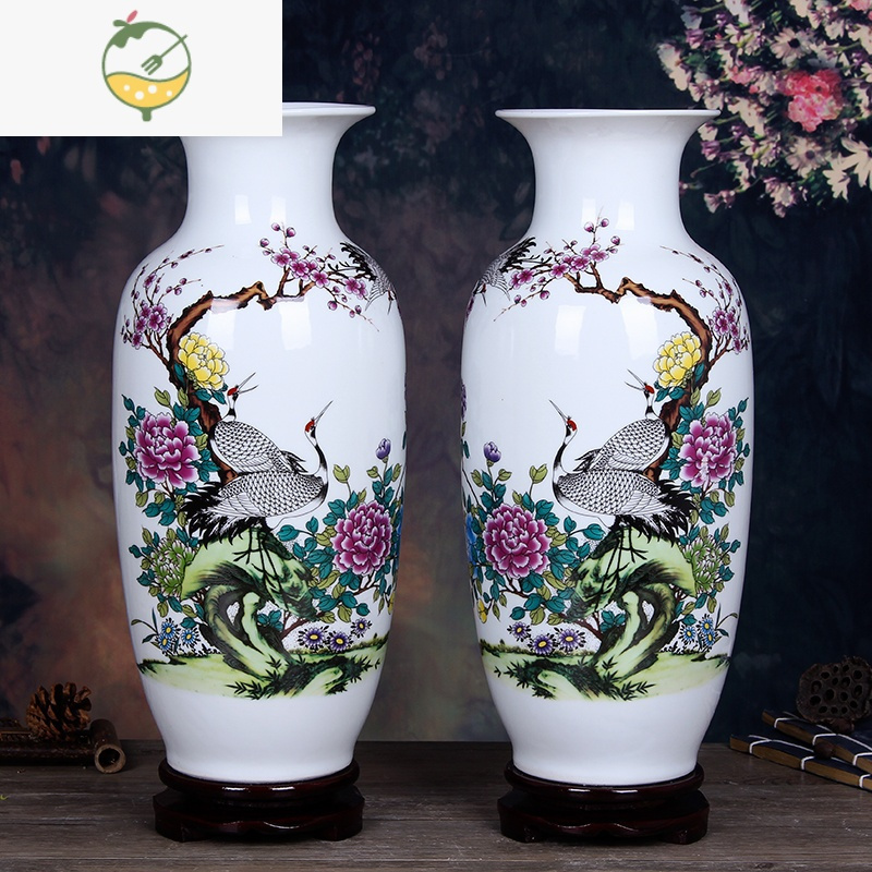YICHENG陶瓷花瓶中式客厅酒柜小摆件景德镇富贵竹水培干花插花器玄关瓷瓶 松鹤延年冬瓜对瓶 大号 高47cm肚径20c