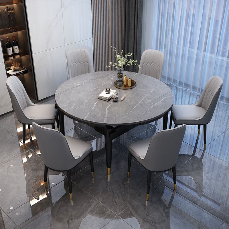 欧梵森 餐桌 岩板餐桌意式轻奢实木餐桌椅组合现代简约圆桌转盘家用小户型可伸缩折叠圆桌长方形饭桌子高清大图