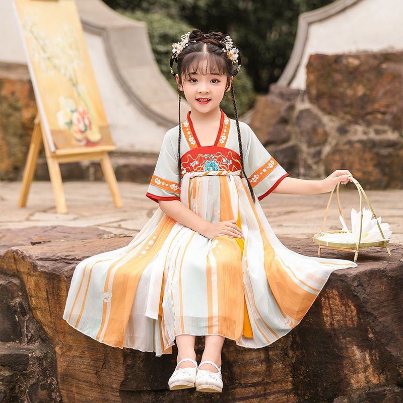 儿童汉服女童古装超仙仙气古风小女孩连衣裙学生新款公主裙子夏装 花月瑶七分袖 110
