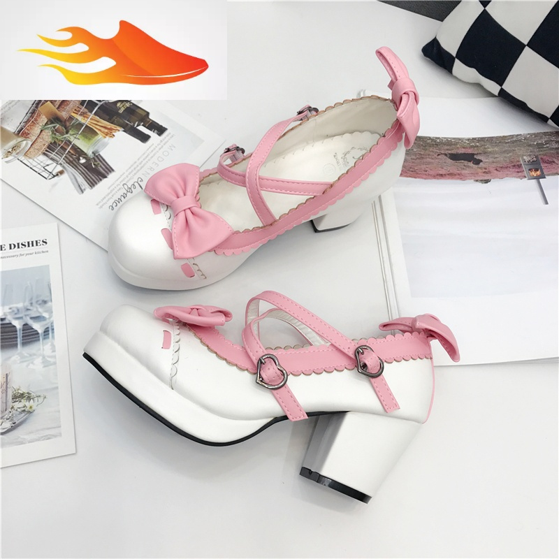 fishbasket日系可爱洛丽塔蝴蝶结高跟软妹娃娃鞋女鞋交叉绑带lolita