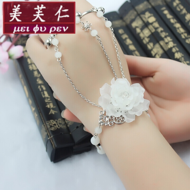美芙仁古装戒指手手链一体链cos花朵手链古风古代戒指指环手链仙女