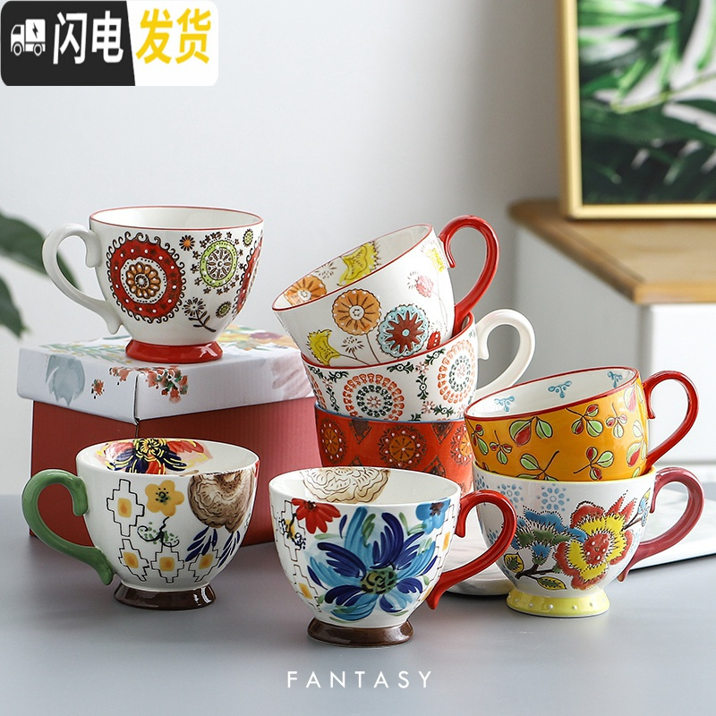 三维工匠手绘早餐杯大号牛奶燕麦杯麦片杯子陶瓷家用办公两用杯大容量带勺马克杯高清大图
