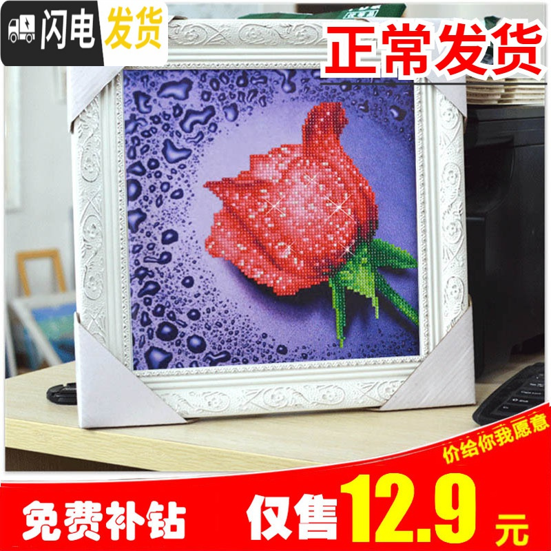 三维工匠新款5D钻石十字绣2019点钻石画玫瑰客厅满钻小幅钻石绣简 【满钻蓝色】30X30厘米(送工具)无相框加钻30