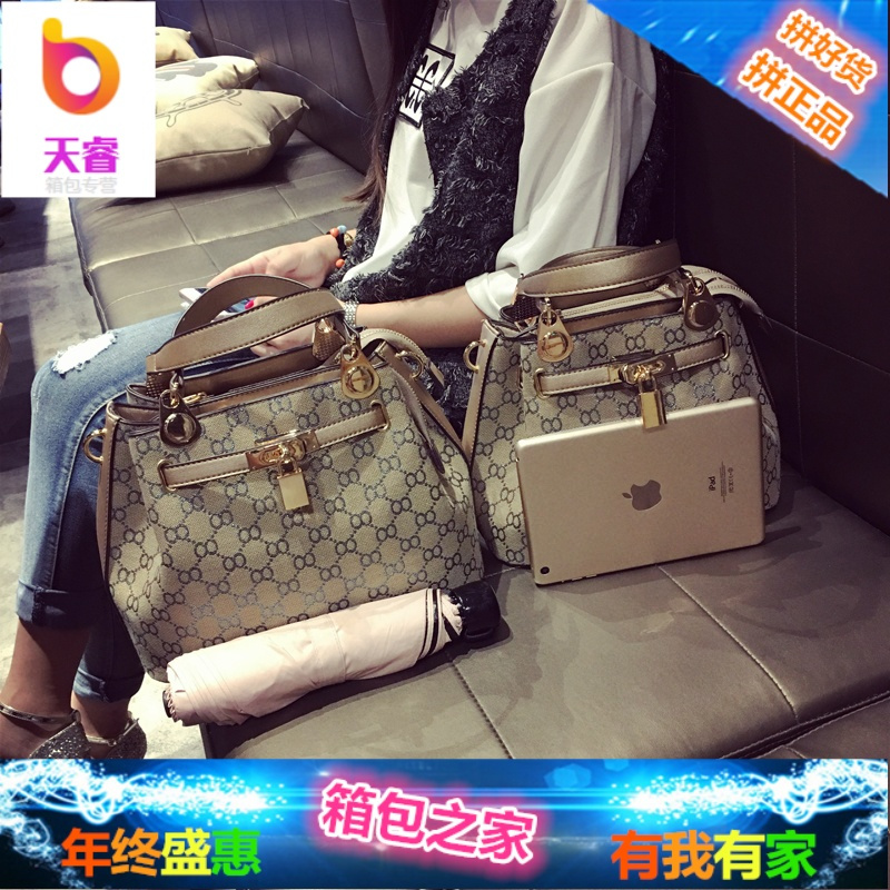 香港真皮女包2018新款韩版百搭大气时尚水桶包手提包单肩包潮