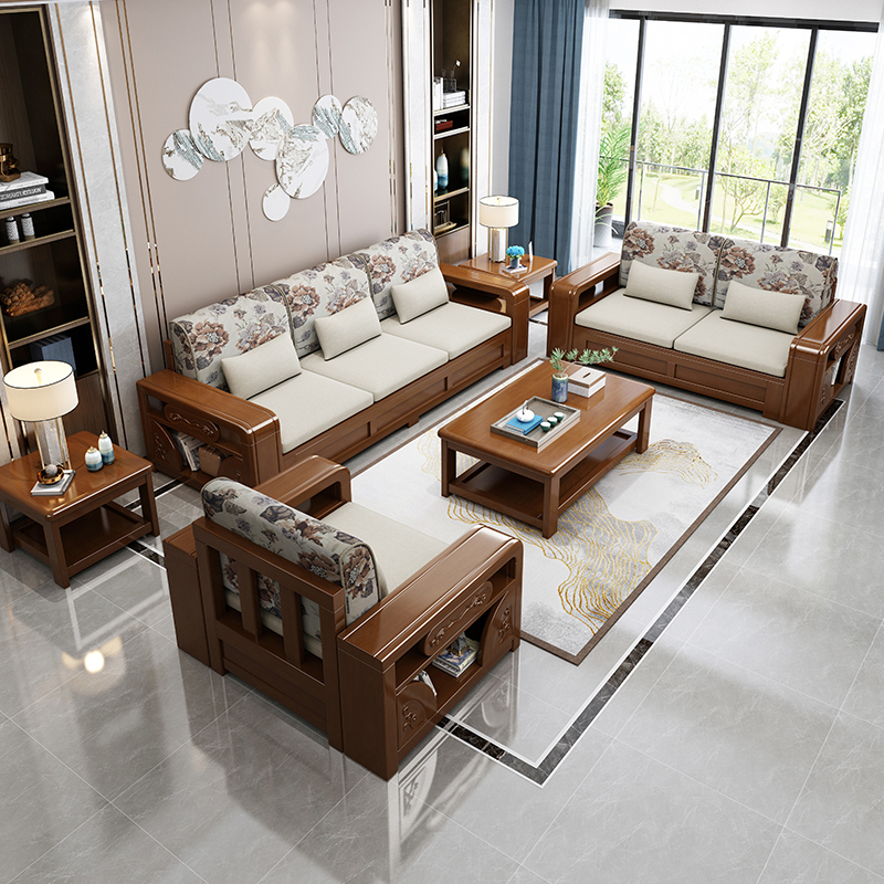 中式带转角实木沙发组合精品家具冬夏两用大小户型储物木质沙发套装