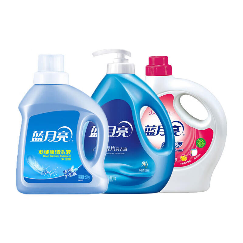 蓝月亮羽绒服清洗液500g*1瓶+增艳型丝毛净500g*1瓶+风清白兰手洗洗衣液1kg*1瓶