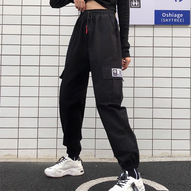 唯逸衣品2020新品工装裤女显瘦高腰黑色裤子宽松bf直筒运动束脚百搭休闲裤图片