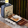 三维工匠简约旅行茶具套装一壶四杯小套便携式旅行茶具收纳包功夫茶具 密胺黑四方盘+蜂窝玲珑一壶四杯+山水包+配件 10件