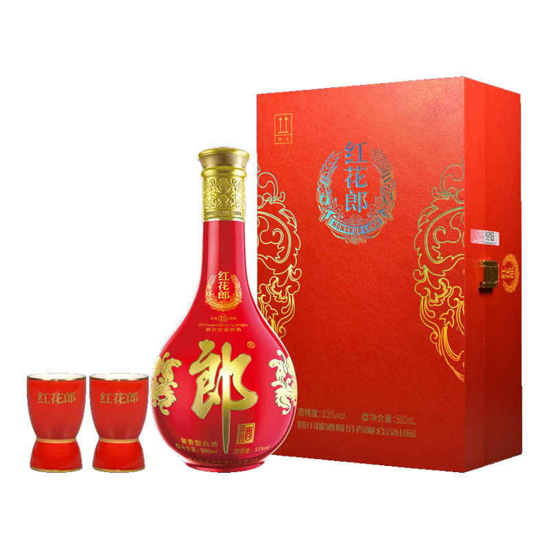 郎酒红花郎15礼盒装53度酱香型白酒500ml*1瓶+水井坊井台珍藏龙凤礼盒53度500ml*2瓶浓香型白酒组合装