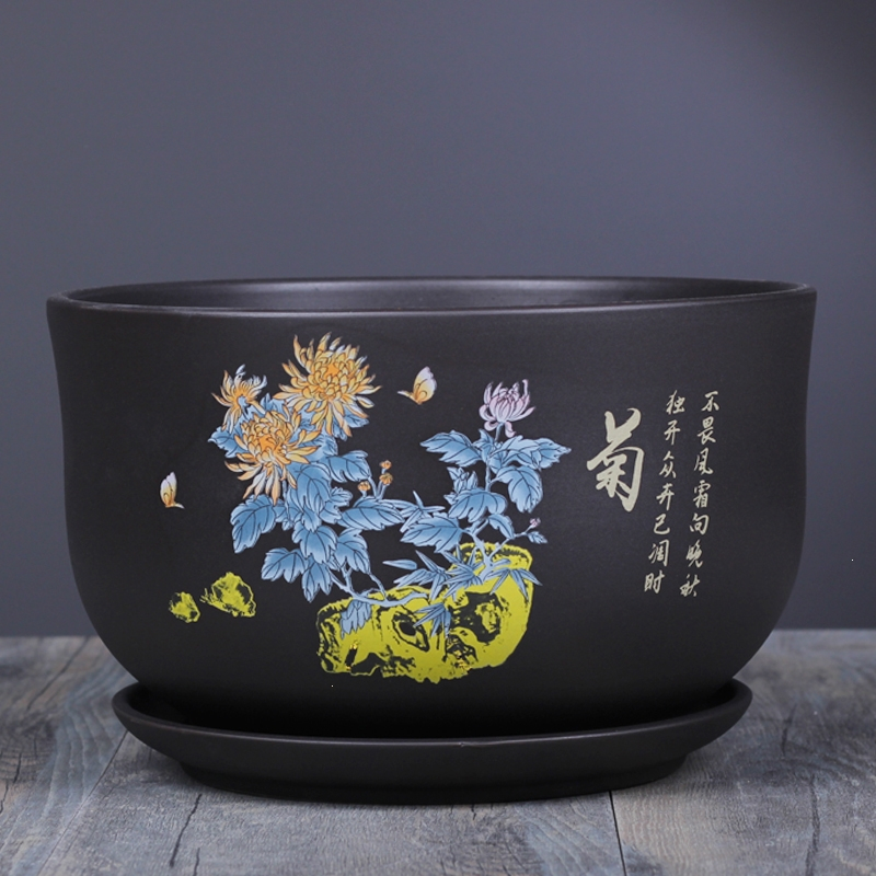 花盆陶瓷大号清仓带托盘紫砂釉多肉阳台室内绿植兰花吊兰粗淘盆