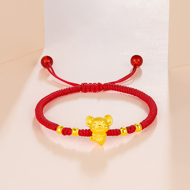 周六福zhouliufu珠宝黄金转运珠黄金手链女3d硬金元宝萌鼠红手绳定价