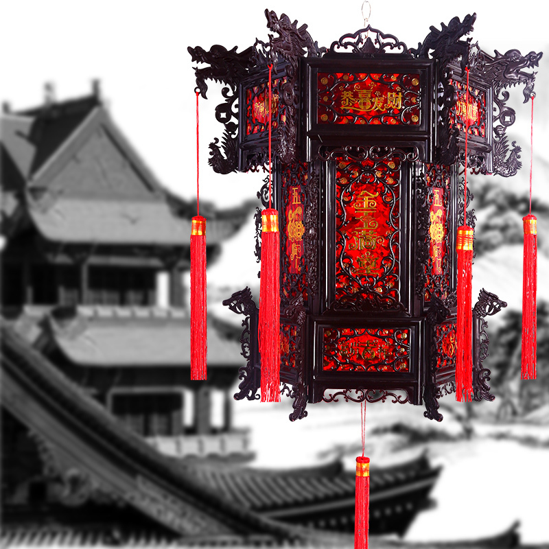 大红灯笼中式仿古宫灯六角仿 旋转走马灯新年节日喜庆阳台吊灯 仿古龙鳞三层1个[42*34]