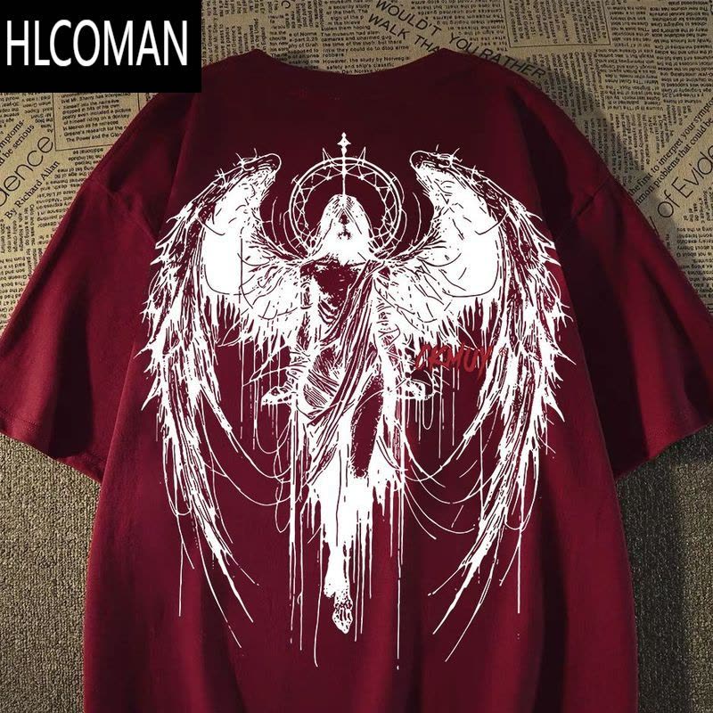 HLCOMAN短袖t恤男女同款夏季宽松港风翅膀天使半袖百搭男装K图片