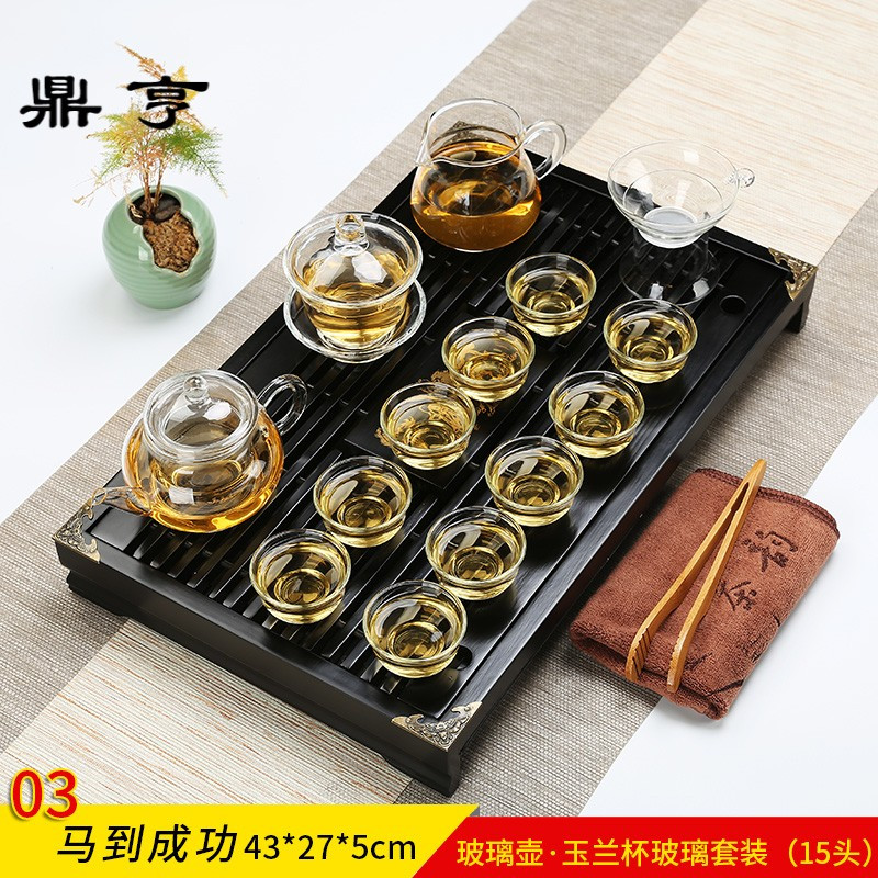 鼎亨玻璃功夫茶具套装整套特价实木茶盘蓄水盘家用办公简约抽屉式