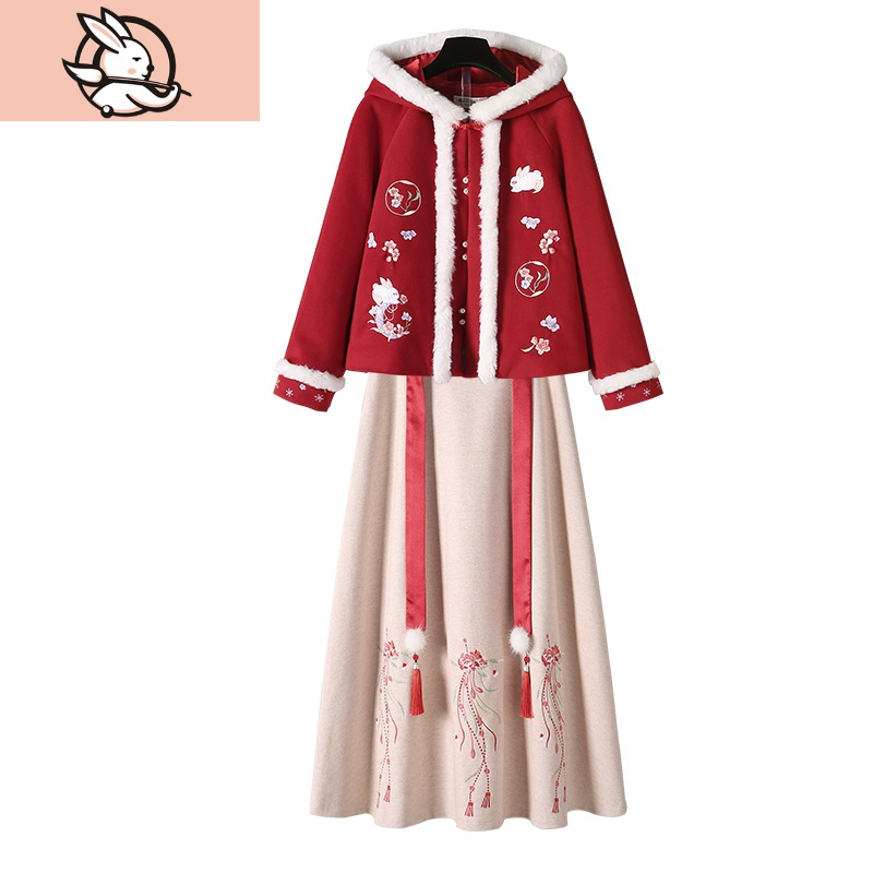HUAYANGTU亲子装春节母女装洋气冬装过年中国古风汉服旗袍改良半身裙两件套家