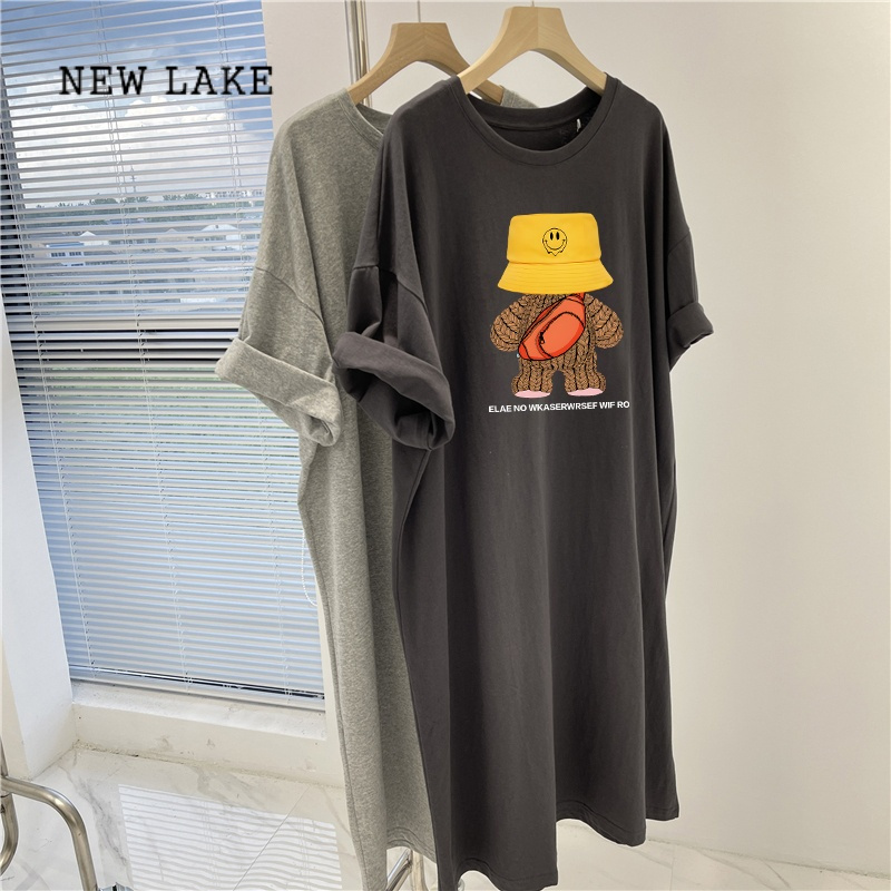 NEW LAKE大码女装短袖t恤裙子夏季纯棉胖mm遮肚显瘦长裙慵懒风过膝连衣裙