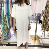 特惠2018夏装纯色短袖T恤连衣裙宽松休闲过膝中长款套头裙子女装红色均码