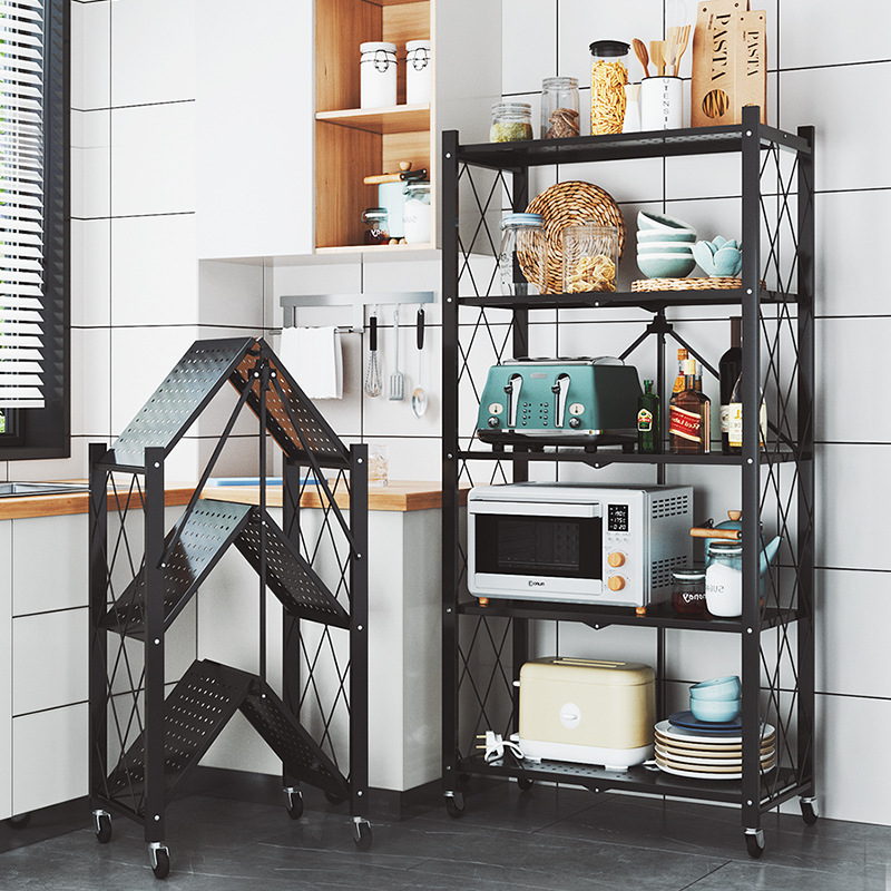 家时光厨房置物架可折叠免打孔落地微波炉收纳架厨房用品碗烤箱架子储