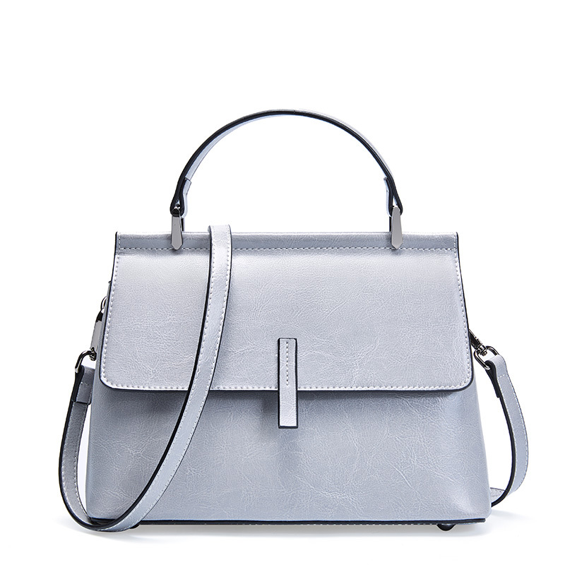 hazybeauty牛皮女包新款真皮单肩包女时尚百搭油蜡牛皮斜跨包女浅灰色