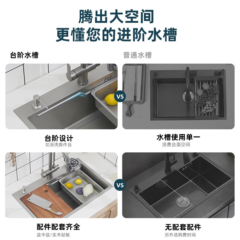 厨房枪灰色304不锈钢网红水槽单槽古达纳米油污洗碗盆洗菜盆