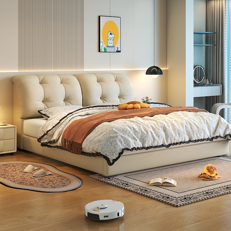 意式极简真皮床轻奢家用高级感主卧室带储物软包大床网红泡芙婚床高清大图