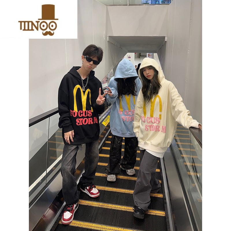 YANXU126KID 美式复古字母印花连帽卫衣男女秋季潮牌高街情侣宽松上衣高清大图