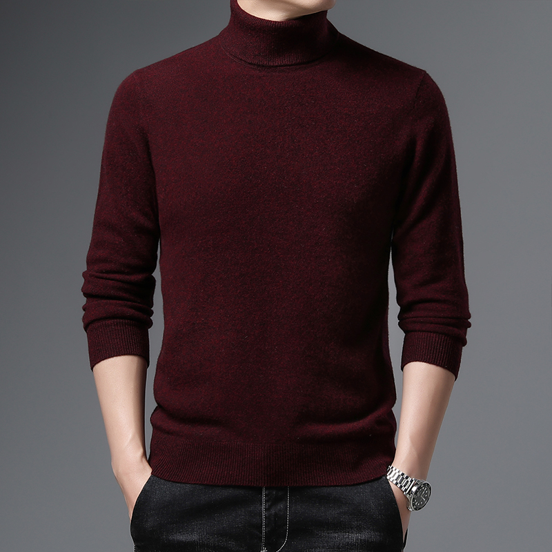 高端100%羊毛高领毛衣男柔软精纺纯羊毛绒薄款打底衫秋冬韩版潮流羊绒毛衣山羊绒不褪色保暖舒适全羊毛衫男纯色保暖衣大码修身 青铜黄 165