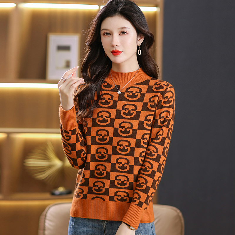 2024春秋新款半高领双股羊绒衫女半高领100%纯山羊绒毛衣印花针织衫宽松慵懒毛衣套头女装上衣针织打底衫加厚外搭毛衣女高清大图
