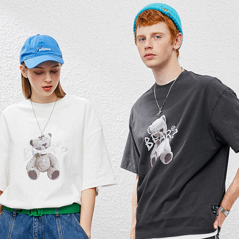 lilbear小熊情侣t恤镭射反光新款半袖潮牌圆领印花五分袖男士短袖预售