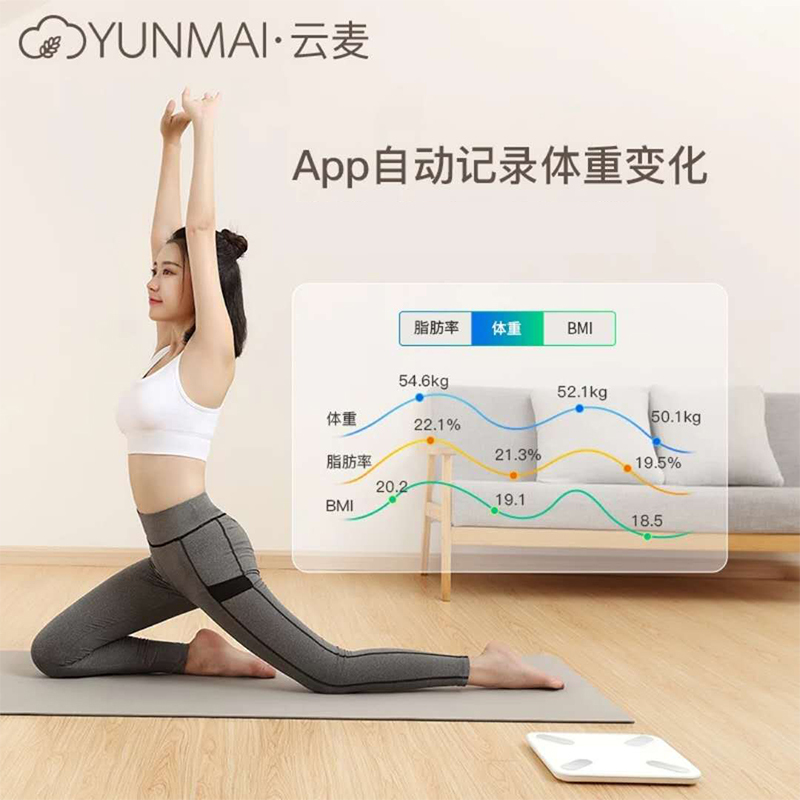 云麦(YUNMAI)USB充电体脂秤白色 智能精准家用电子秤体重秤 钢化玻璃面板 支持液晶显示 饮食分析运动指导