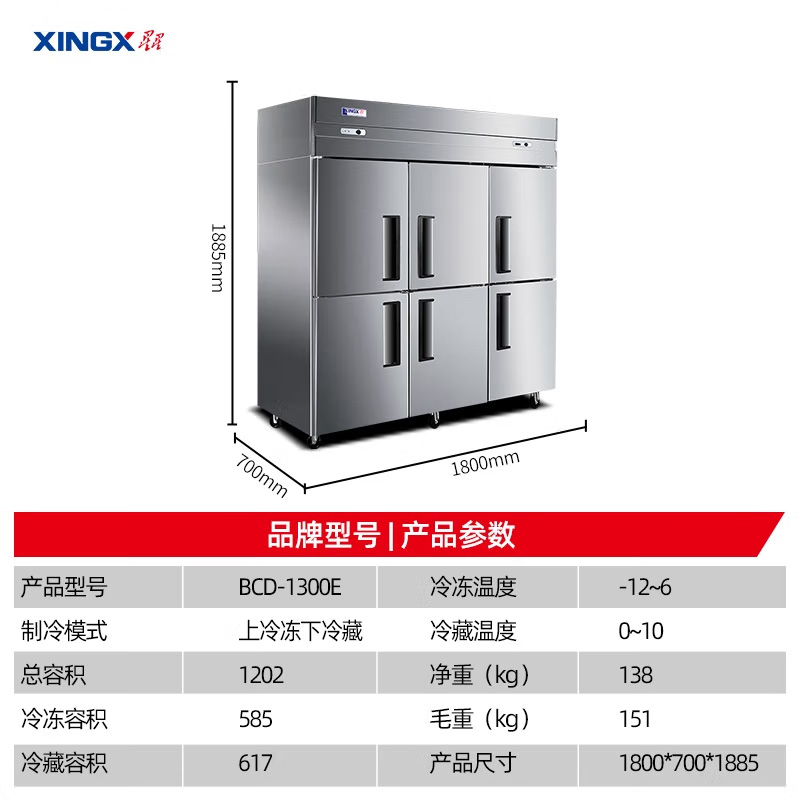 星星(XINGX)厨房冰箱商用双门三门展示柜全冷藏冰柜商用立式不锈钢餐饮店后厨 BCD-1300E高清大图
