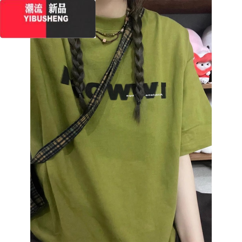YIBUSHENG潮牌美式复古字母印花正肩短袖t恤女季设计感小众大版半袖上衣高清大图