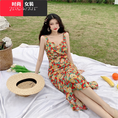 时尚女装修身显瘦花朵印花吊带V领中长款2019夏季新款收腰包臀鱼尾连衣裙